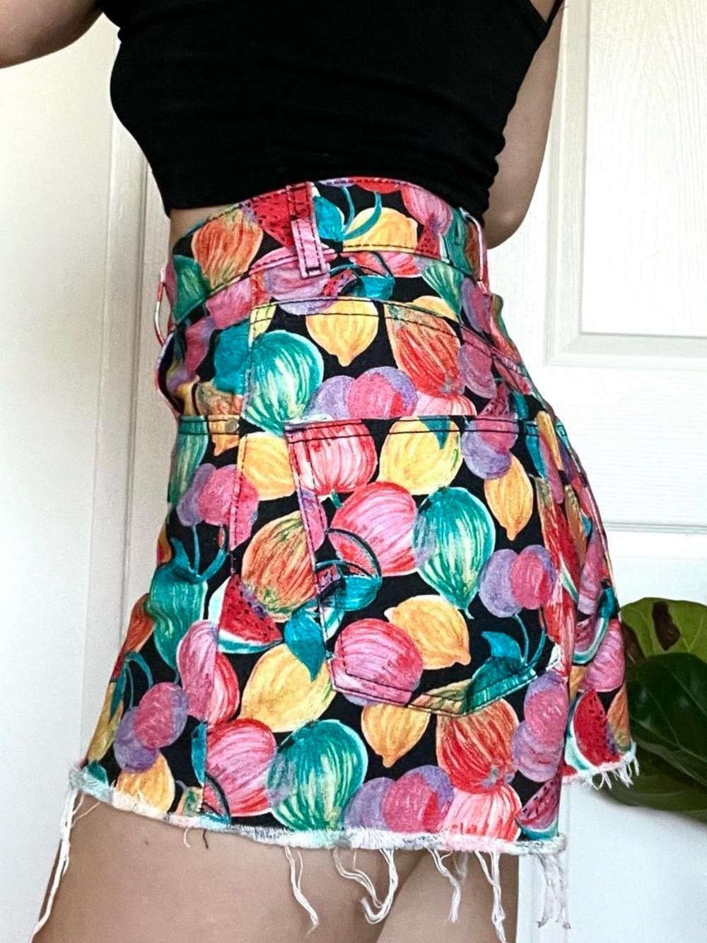 Zara Colorful Fruit Print High-Waist Denim Shorts